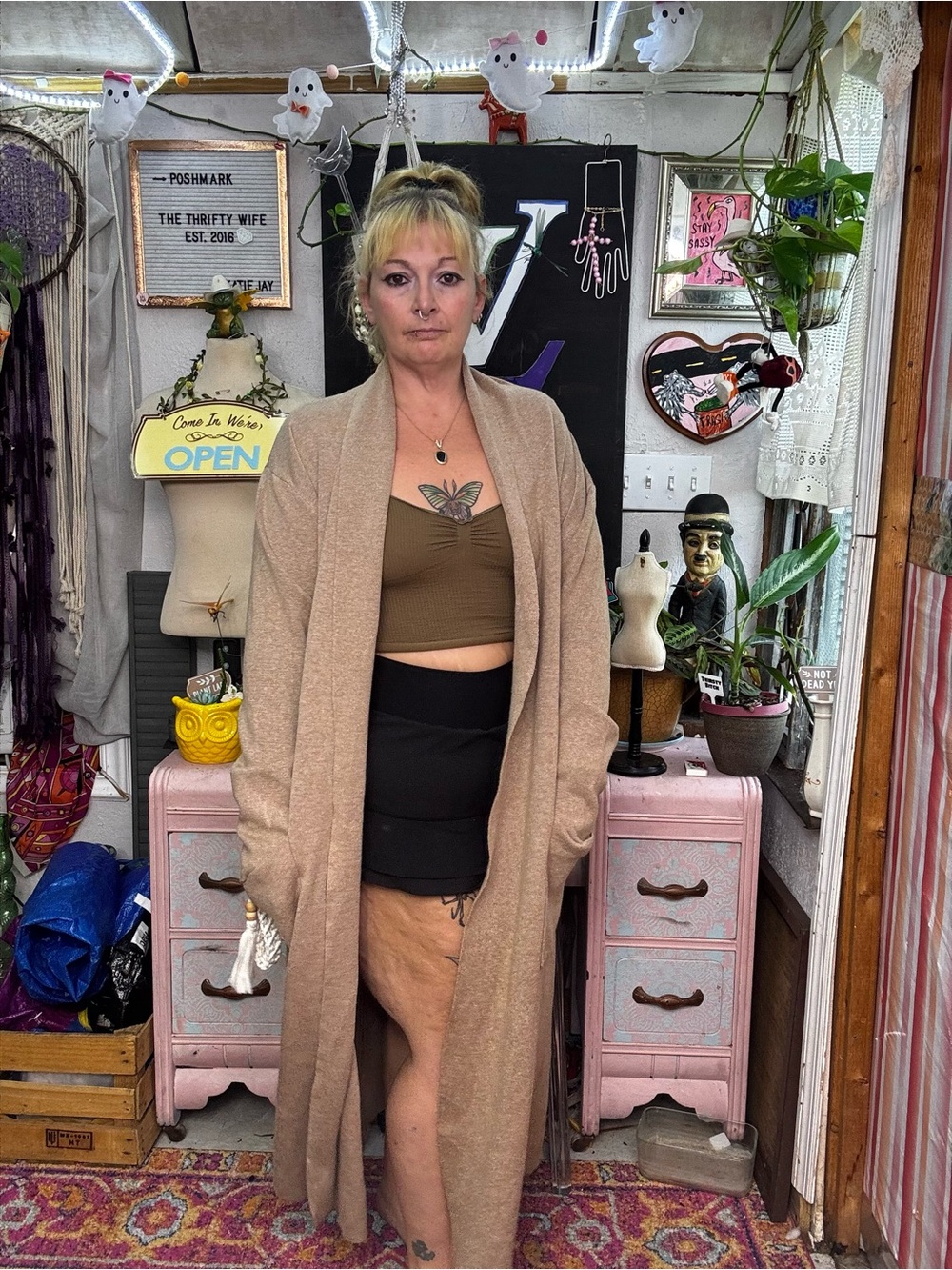 Max Sport Long Open-Front Women’s Cardigan Sweater - Camel/Tan Pocket